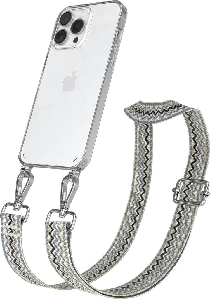 Apple iPhone 14 Pro Max Chain Eyelets Slim Neck Strap Set Wave Style 07 Beige/Blue 03 Metall Silver