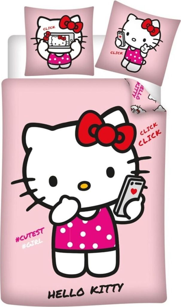 Bettwäsche Hello Kitty, Rosa, wendbar, Bettbezug 140 x 200 cm + Kissenbezug 65 x 65 cm, Polyester-Baumwolle