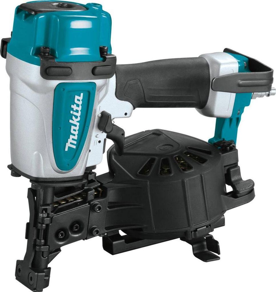 A professional studio shot of a pneumatic nail gun.