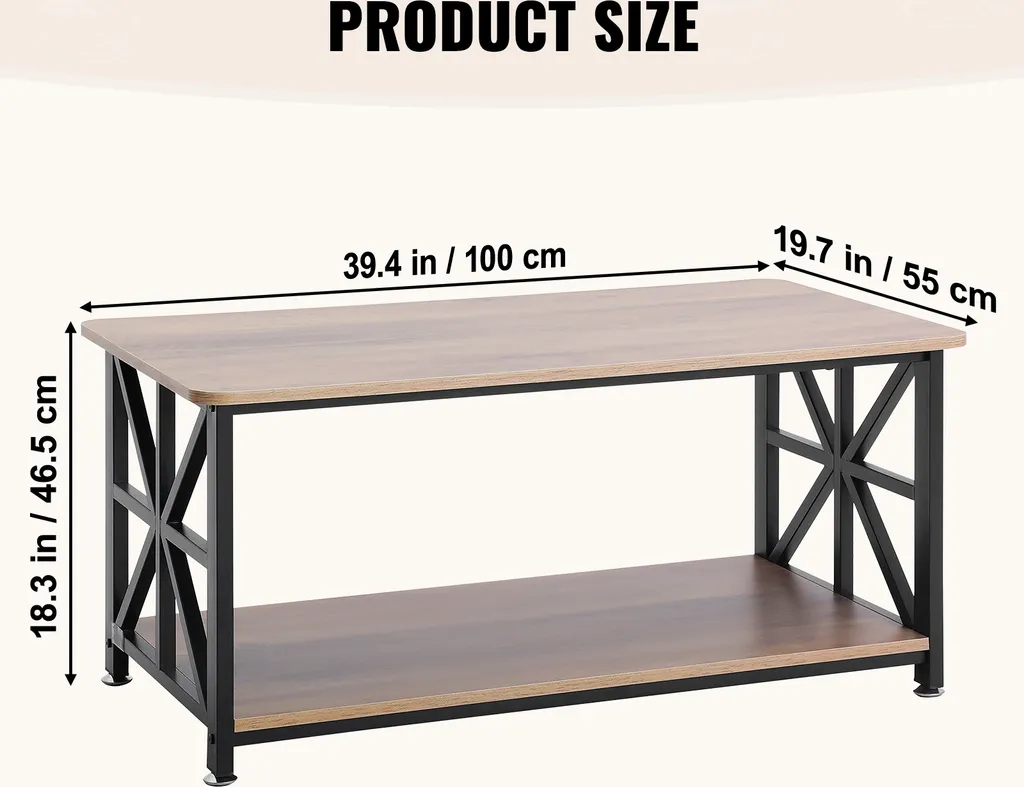 Table basse VEVOR style ferme 100 cm avec rangement ouvert bois rustique