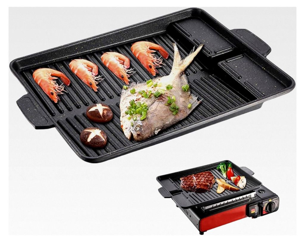 Grillplatte 14,57x10,24 Zoll BBQ Grill Rack Gusseisen-Grillplattenbefestigung mit Griff für Camping-Gasherd, elektrisches Kochfeld