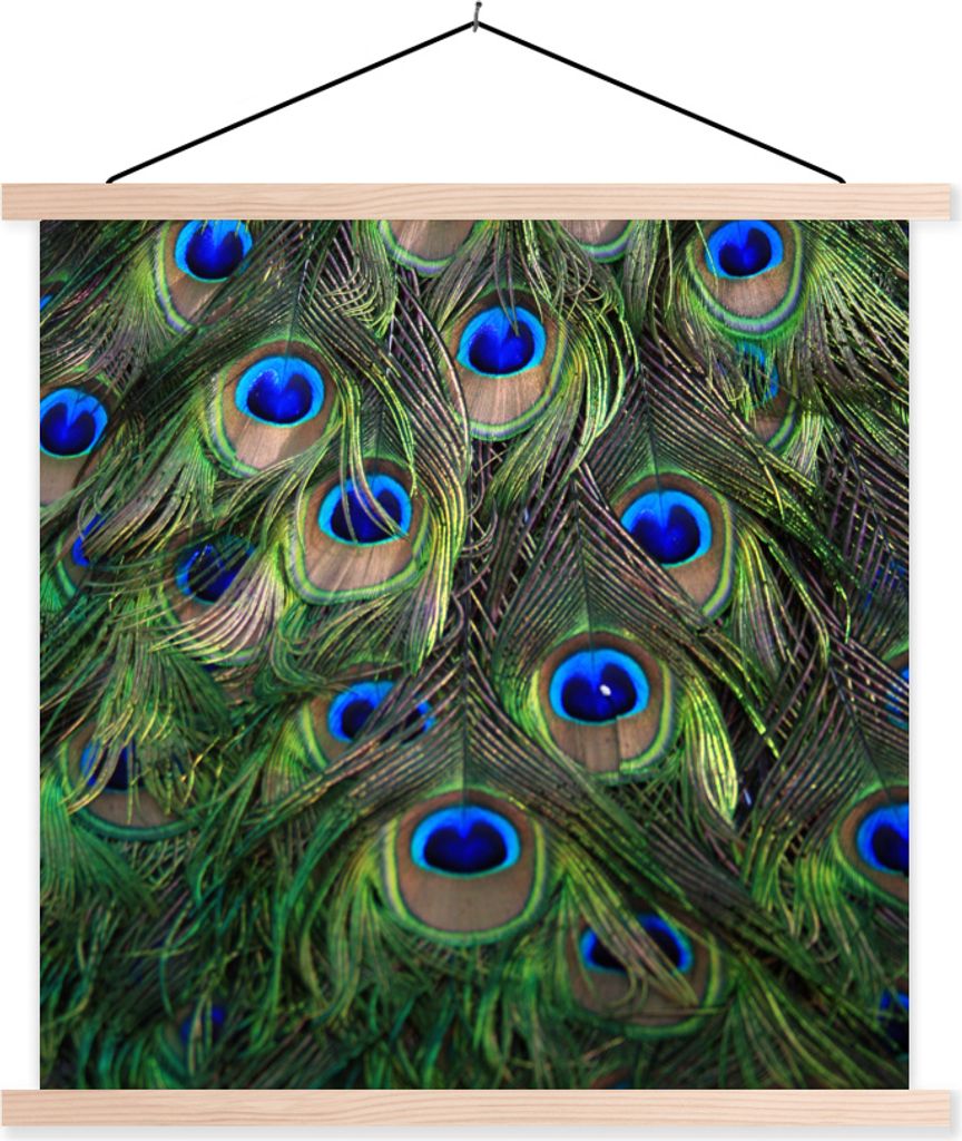 MuchoWow Textilposter Pfau - Federn - Augen - Blau 120x120 cm mit holzfarbenen Rahmen - Textil-Poster