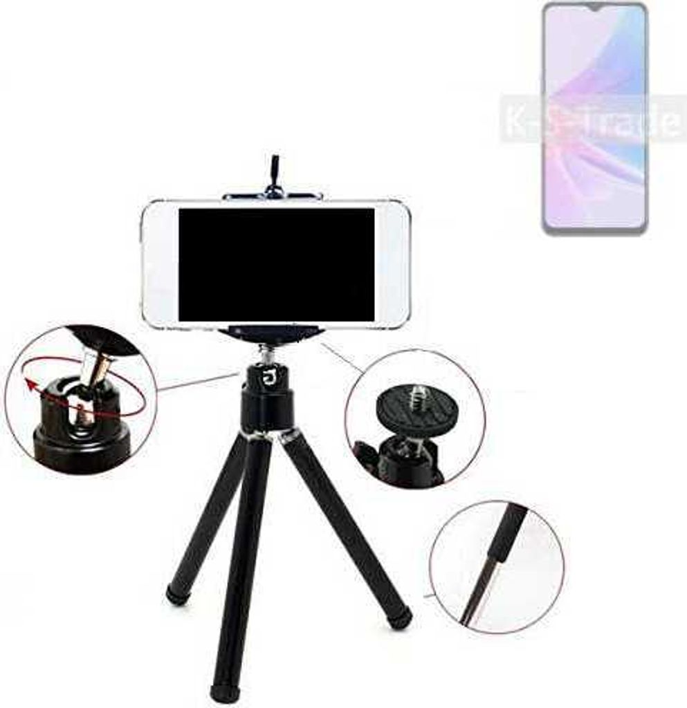 K-S-Trade Smartphone Stativ Dreibein kompatibel mit Oppo A58 5G Tripod aus Aluminium Klemmstativ Stativ Adapter für Mobiltelefone schwarz 1x