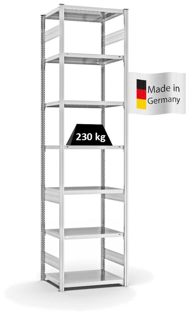 PROREGAL Fachbodenregal Stecksystem MAGNUS Germany | HxBxT 300x75x50cm | 7 Ebenen | Fachlast 230 kg | Beidseitig nutzbar | Lichtgrau