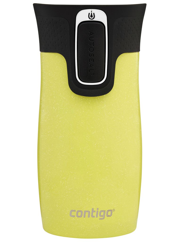A yellow Contigo travel mug with a black lid and a silver button.