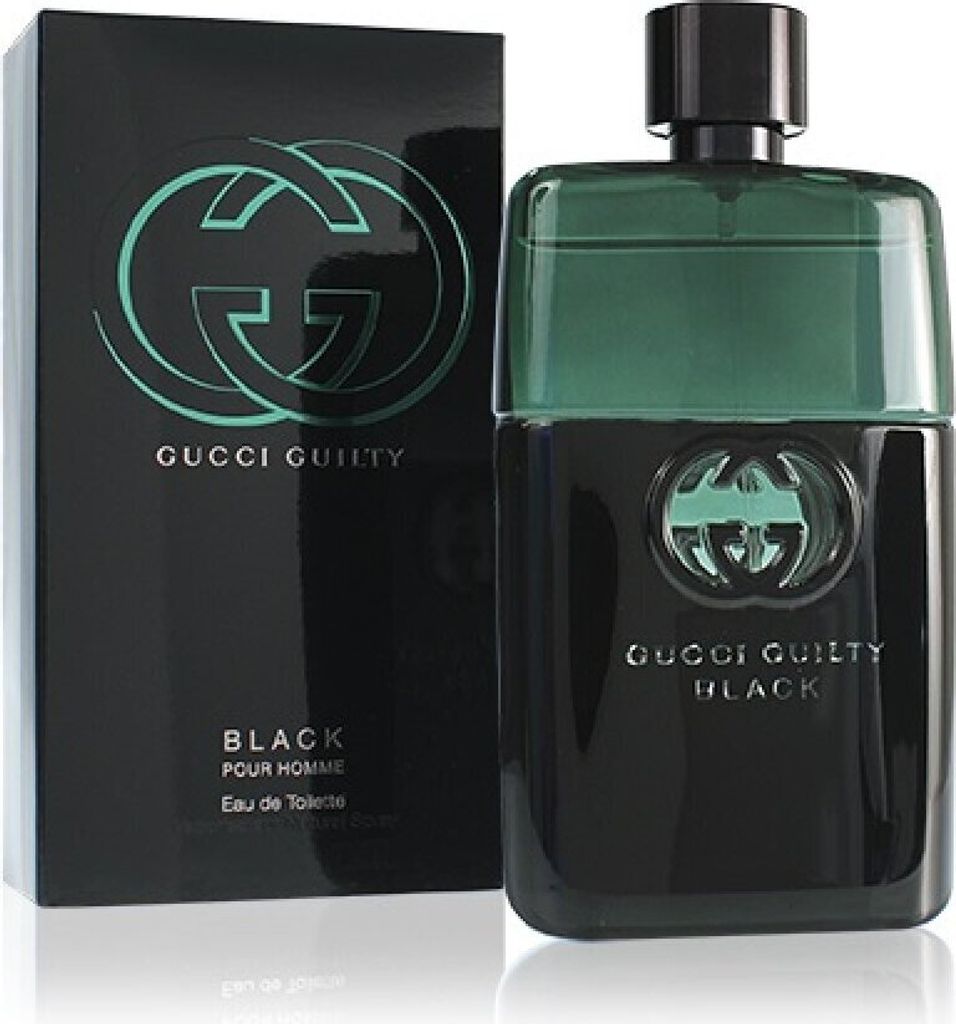A product shot of Gucci Guilty Black Pour Homme Eau de Toilette for men, with the product box and bottle prominently displayed.