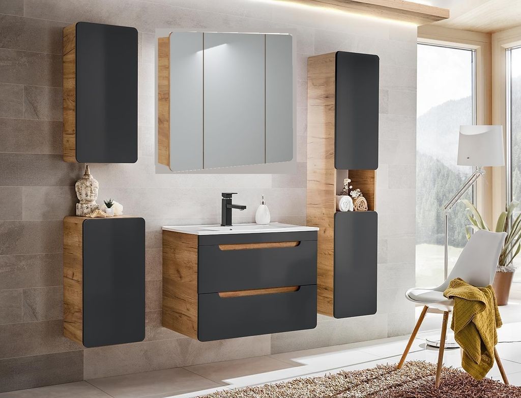 Badmöbel Set ARUBA COSMOS – EICHE-S 80 mit Waschbecken Matt Soft-Close MONTIERT komplettes Badmöbel Set