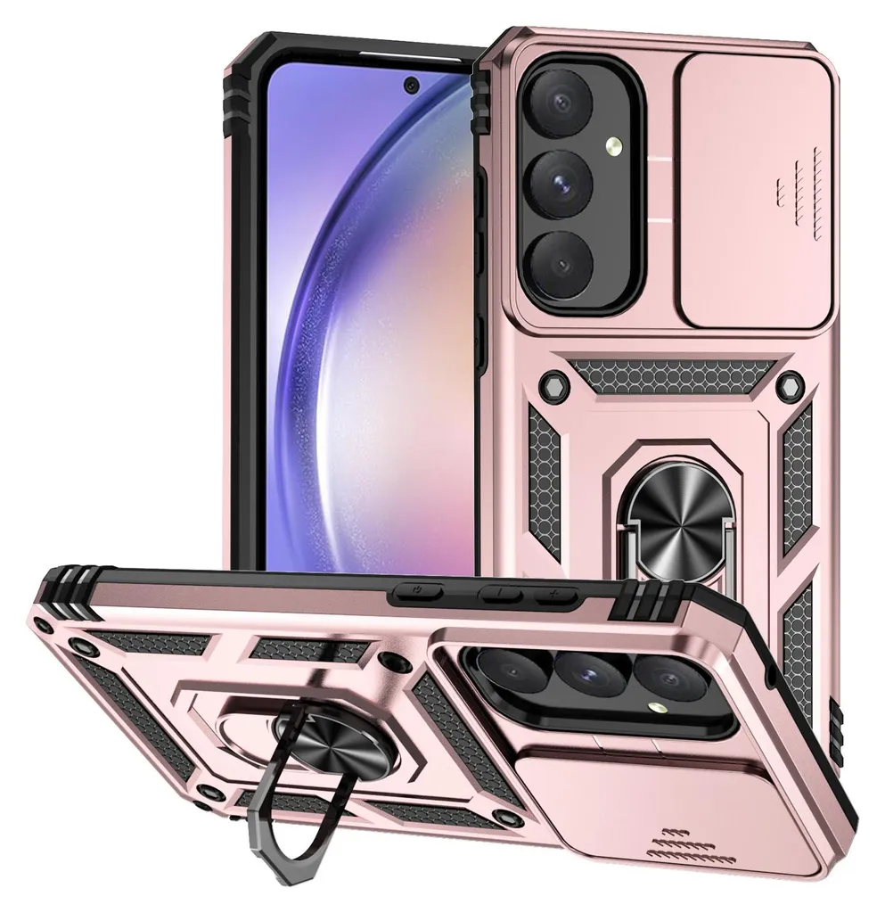 Custodia per Samsung Galaxy A55 5G a doppio strato con copertura scorrevole per la fotocamera e supporto ad anello Rosa