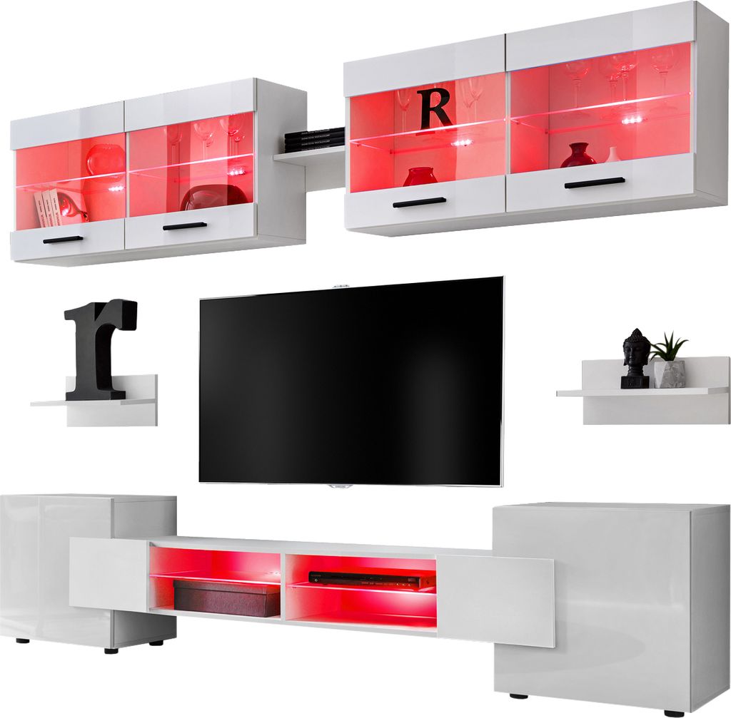 Komodee | Wohnwand, Wohnzimmerset RTV Foggia, Korpus Weiß Matt Frontfarbe Weiß Hochglanz, LED RGB