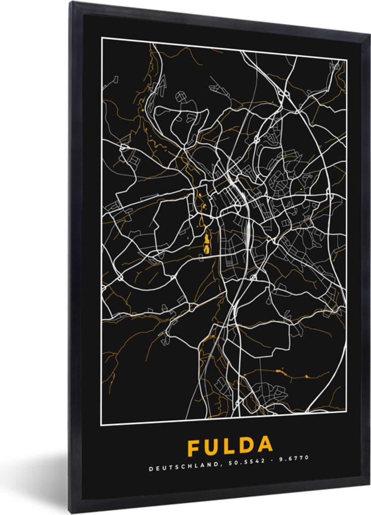 MuchoWow Gerahmtes Poster Fulda - Stadtplan - Gold - Karte - Deutschland 60x90 cm - Poster mit Schwarzem Bilderrahmen Wandposter Rahmen Foto Bild...