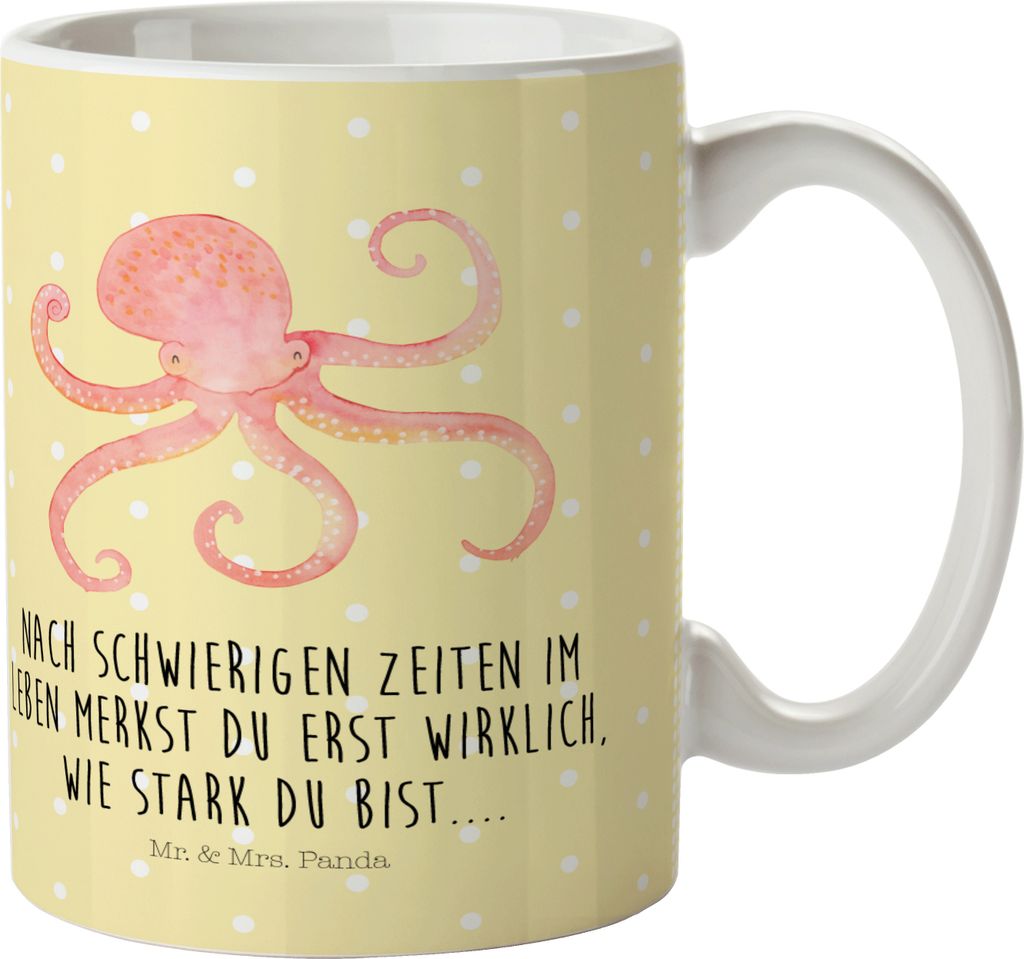 Mr. & Mrs. Panda Mehrwegbecher Tintenfisch - Gelb Pastell - Geschenk, Trinklernbecher, Plastikbecher, Meer, Camping Tasse, Ozean, Wasser, Krake, Me...
