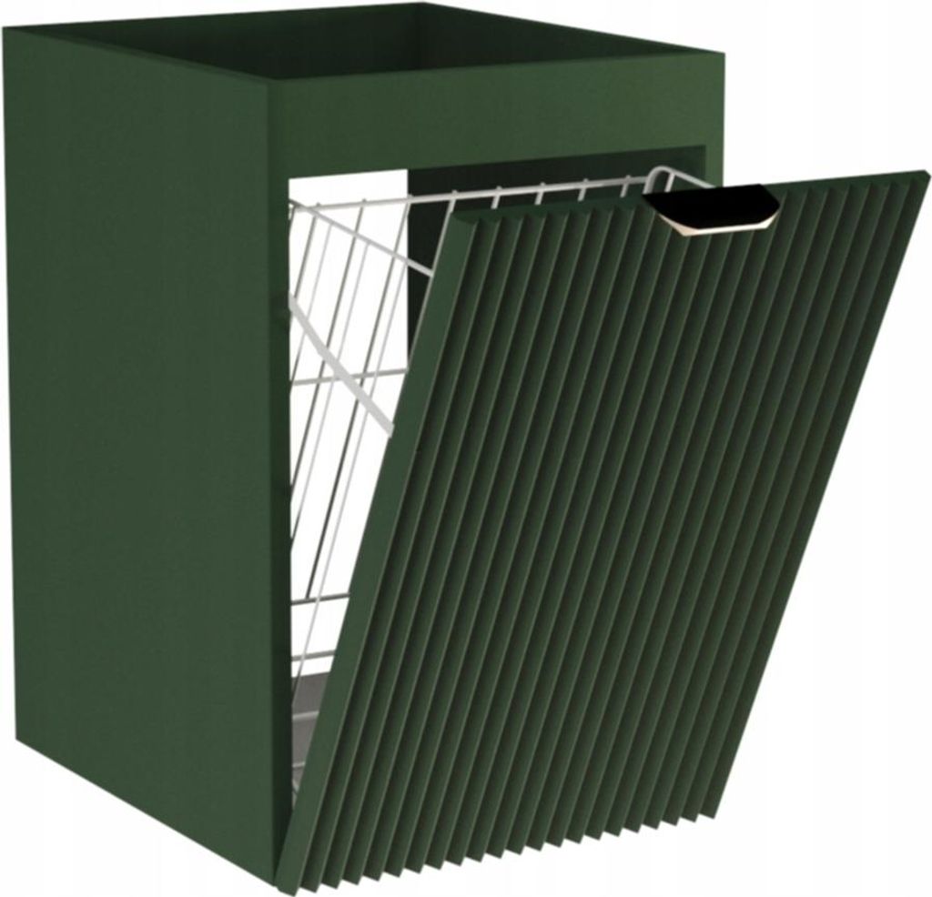 WENA Badezimmerschrank 40 cm, mit Wäschekorb, geriffelte Fronten, Griffe aus Metall in der Farbe Gold Willy (Farbe: Salbei)