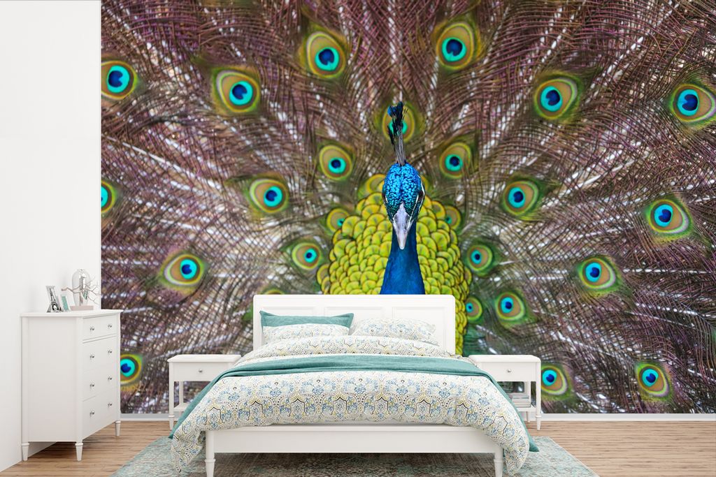 MuchoWow Fototapete für Wohnzimmer oder Schlafzimmer Wandtapete Vinyl Motivtapete Pfau - Federn - Augen - 330x220 cm - Fototapeten