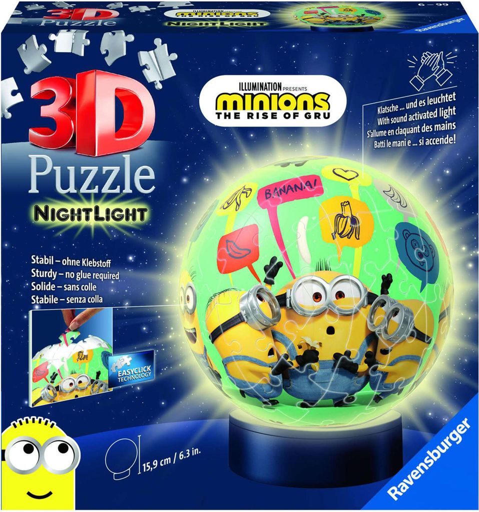 Ravensburger Minions 2 Nachtlicht 11180 - 3D-Puzzle Ball mit LED, 72 Teile, ab 6 Jahre