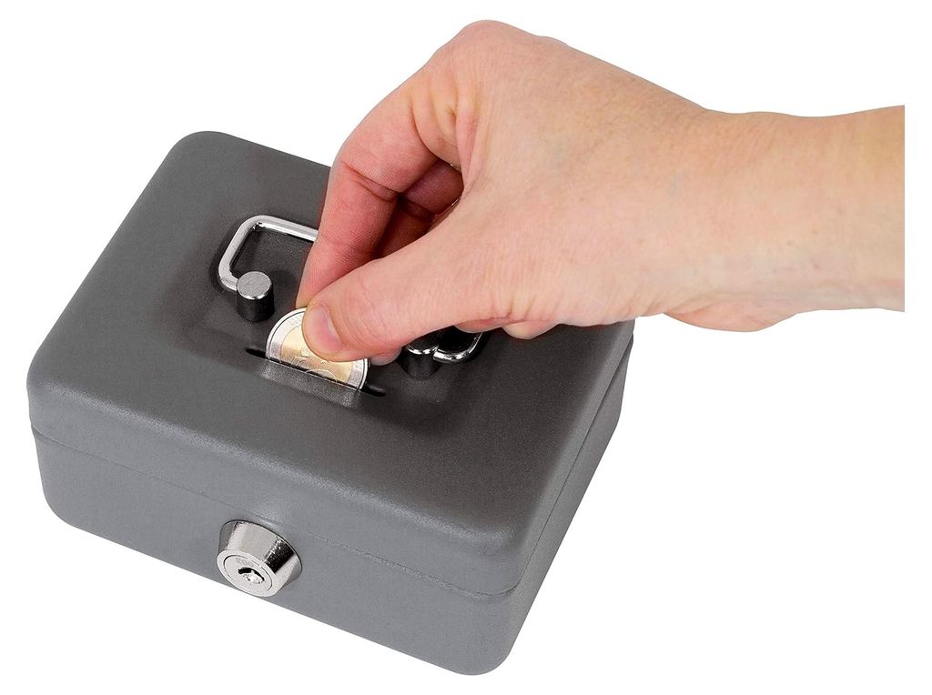 Geldkassette aus Stahl | 12,5 cm breit | Abschließbare Kasse mit Einwurfschlitz | Kleine Geldkassette mit Schlüssel | grau
