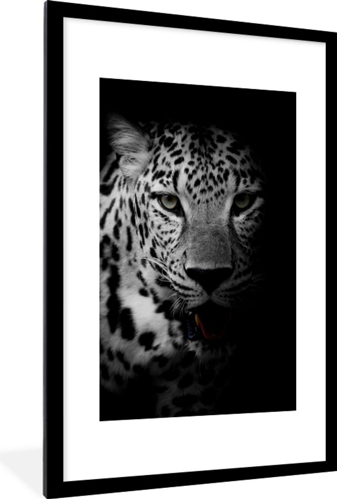 MuchoWow Gerahmtes Poster Tiere - Schwarz - Weiß - Panther - Porträt 60x90 cm - Poster mit Schwarzem Bilderrahmen Wandposter Rahmen Foto Bilder...