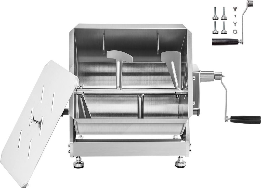 A stainless steel meat mixer with its lid open, shown from a front-diagonal angle on a white background. Accessories are visible in the upper right corner.
