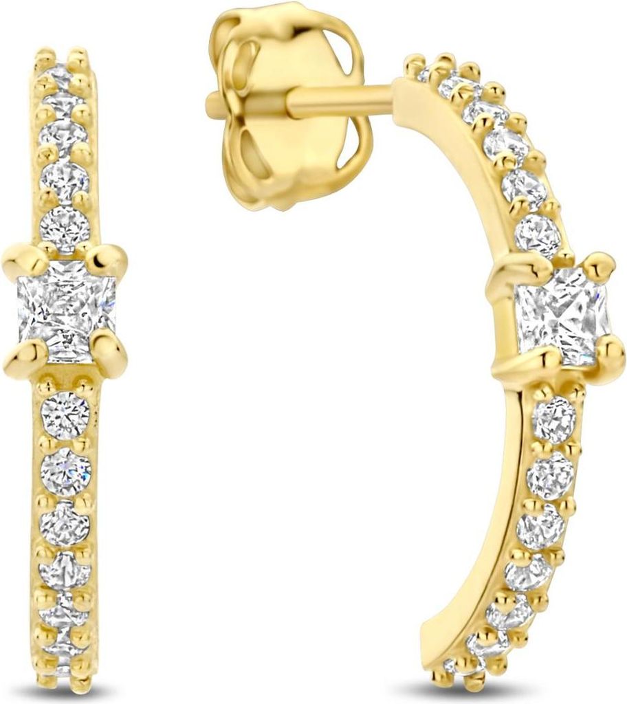New Bling - 9NBG-0897 - 14K geelgouden Oorknoppen – C-Vorm met Zirkonia – Dames Oorbellen