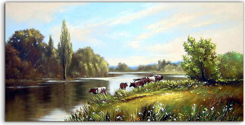 Coloray Canvas 100x50 Wandbild Leinwand Bilder Wiese Bäume Wald Kuh Tier Landschafts