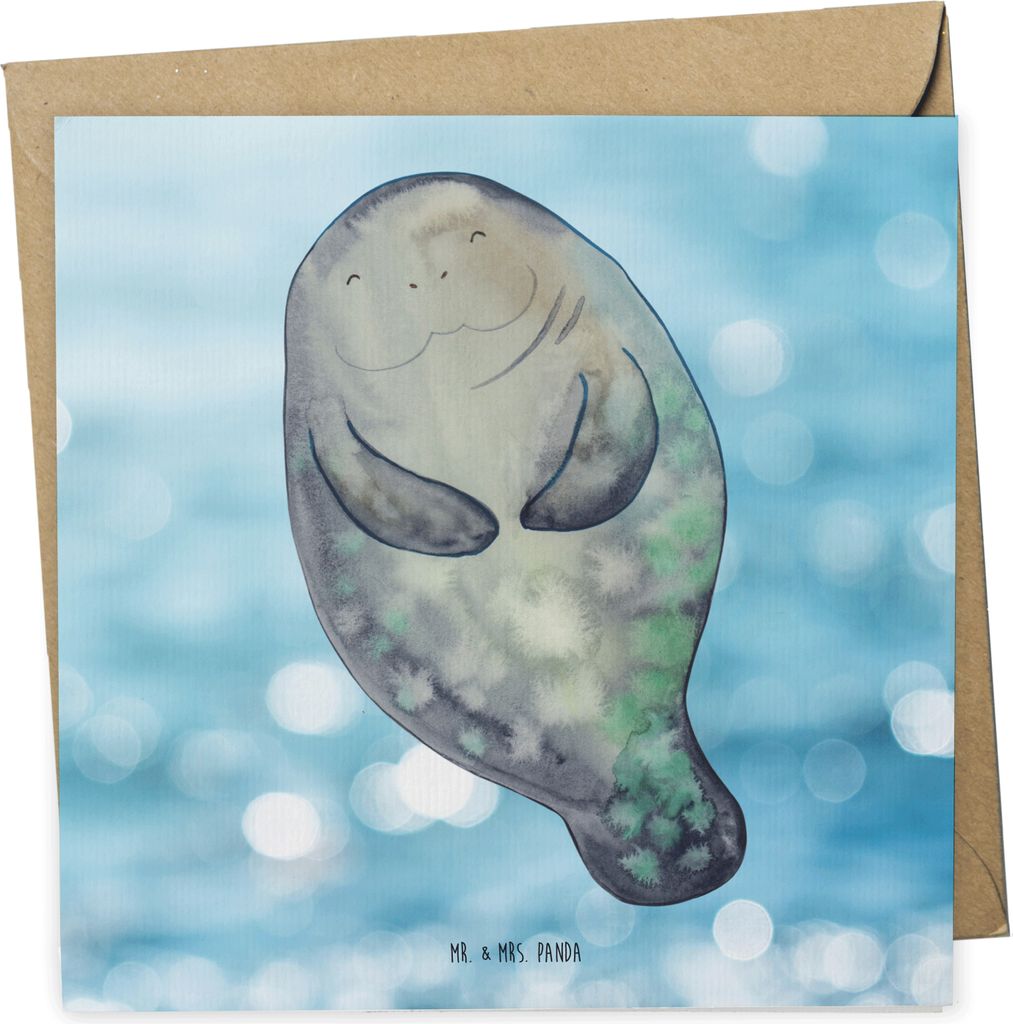 Mr. & Mrs. Panda Klappkarte Seekuh Happy - Oceanblue - Geschenk, Freundin, Seekühe, Liebeskummer, Grußkarte, faltkarte, Zufrieden, Meer, Achtsamk...