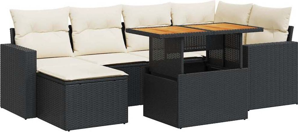 vidaXL 7-tlg. Garten-Sofagarnitur mit Kissen Schwarz Poly Rattan
