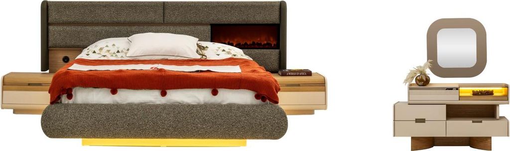 Schlafzimmer Set Aura Holzwerkstoff Stoff Beige Eicheoptik, Set:Typ-2