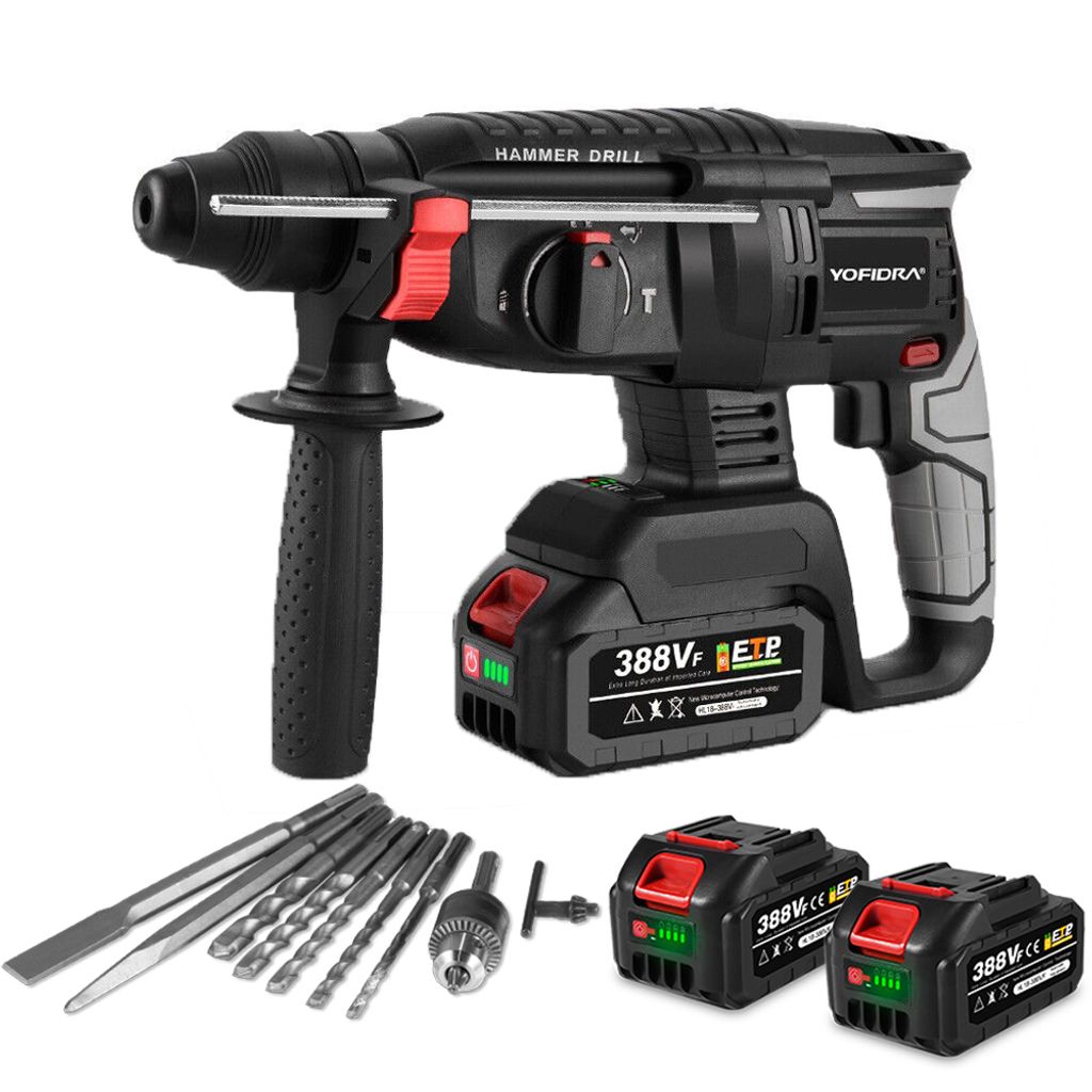 Akku-Bohrhammer, Bürstenloser SDS-plus Bohrhammer Mit 2x Akkus und Ladegerät, 4 in 1 Funktionen, Anti-Vibrationsgriff für Beton, Mauerwerk