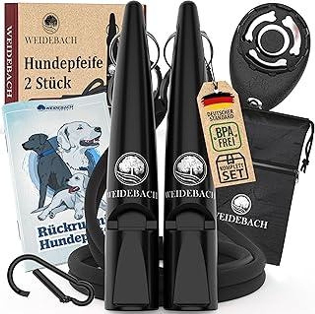 2x verbesserte Hundepfeife 2.0 mit stabilerem & lauterem Ton, inkl. Clicker, Leckerlibeutel und E-Book für Training mit Hund, genormt, Qualitätsb...