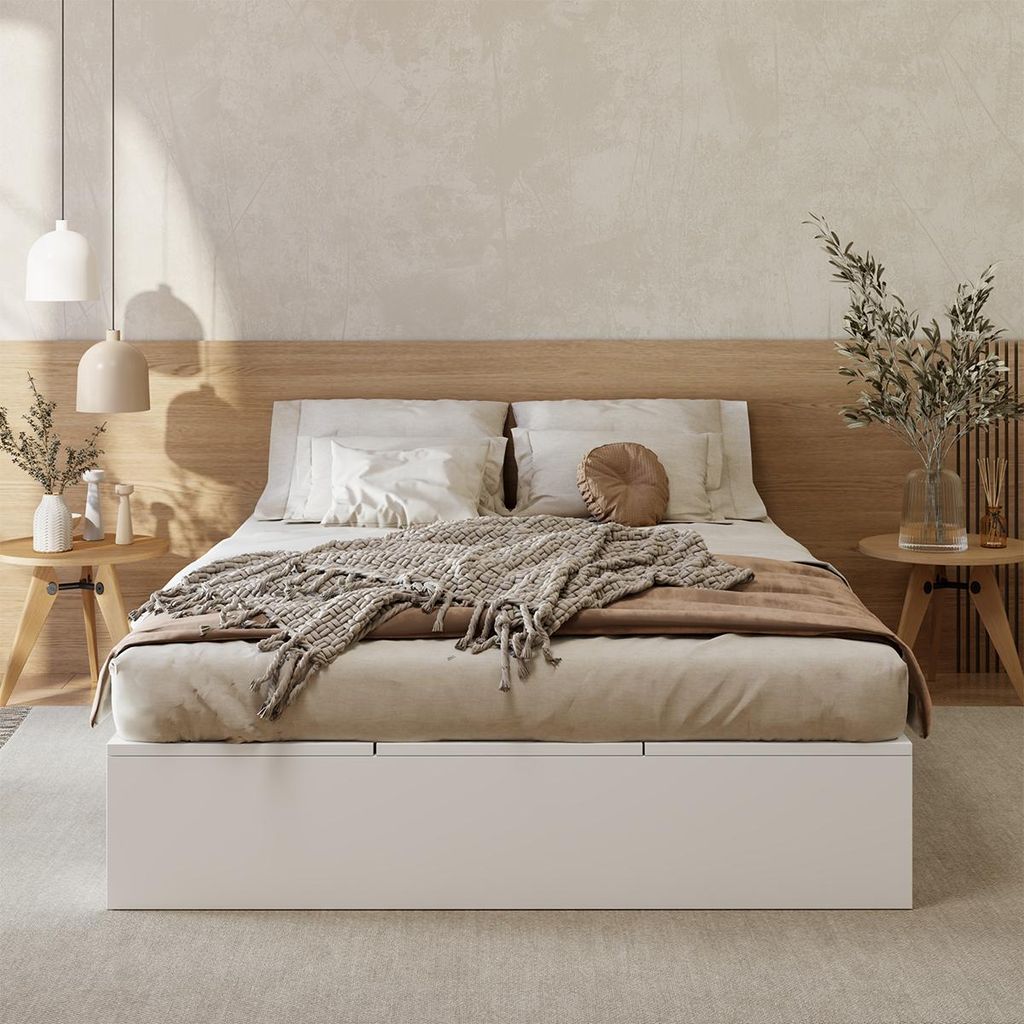 Bettgestell mit Stauraumbox und Schubladen Palettenbett Doppelbett Massivholzbett 140 x 200 cm Weiß