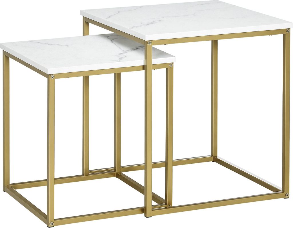 2er-Set Beistelltische, stapelbare Beistelltische, Tischplatte in Marmoroptik, Gold + Weiß