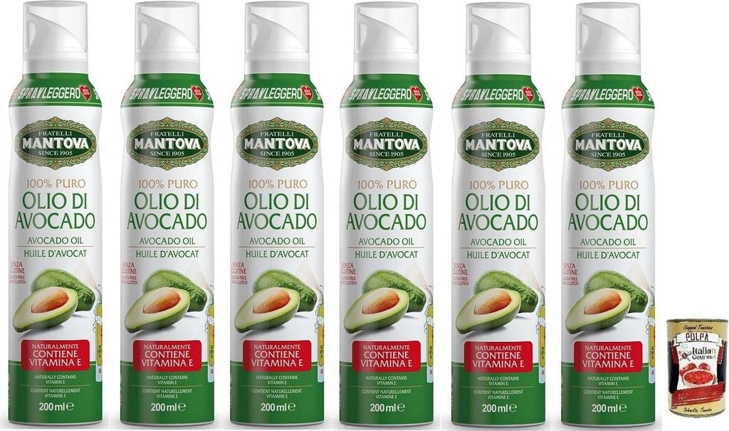 6x Fratelli Mantova Condimento all'Avocado,100% reines Avocadoöl Spray,Italienisches Sprühöl 200ml + Italian Gourmet Polpa di Pomodoro 400g Dose