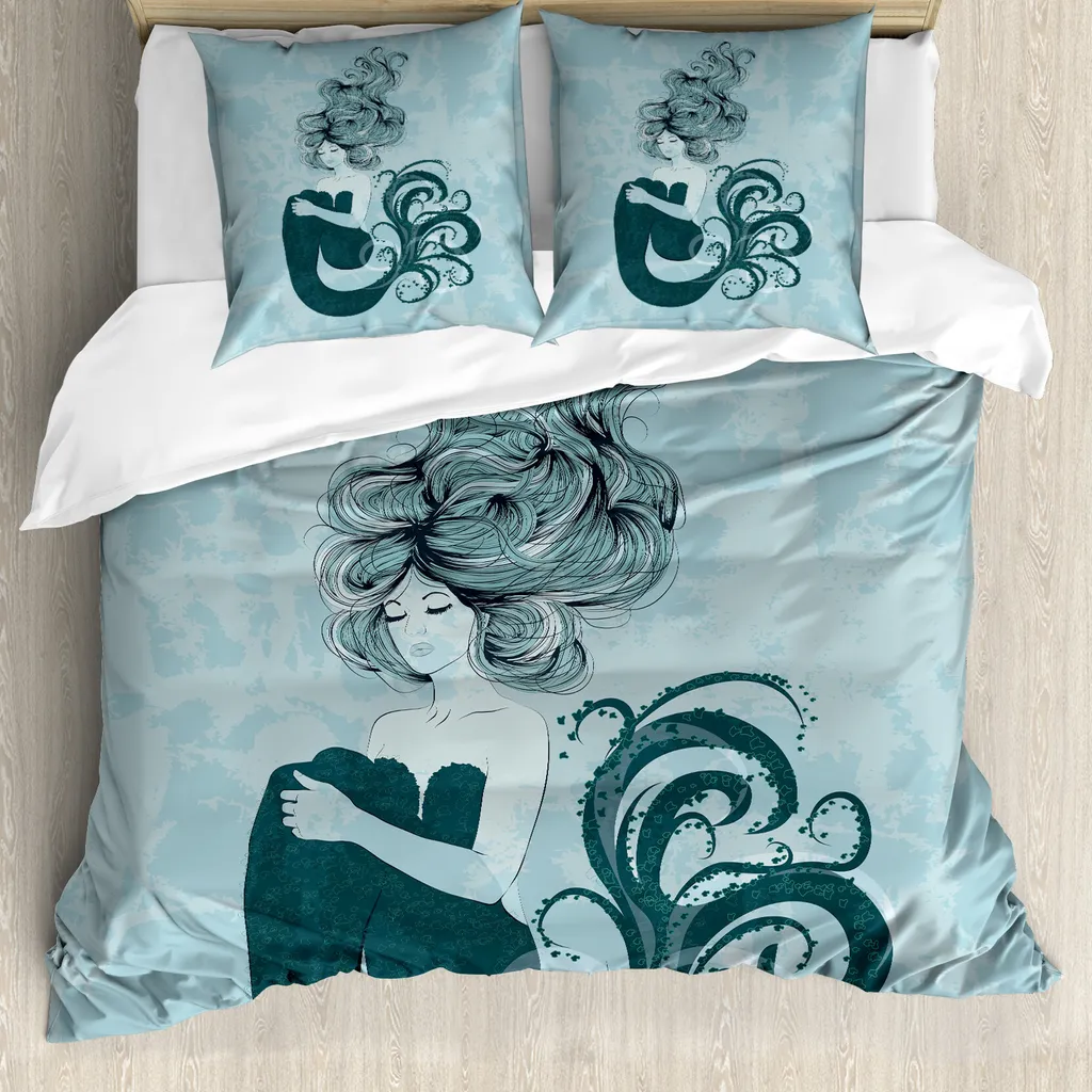 Housse de couette anti-acariens lit double motif sirène bleu-vert