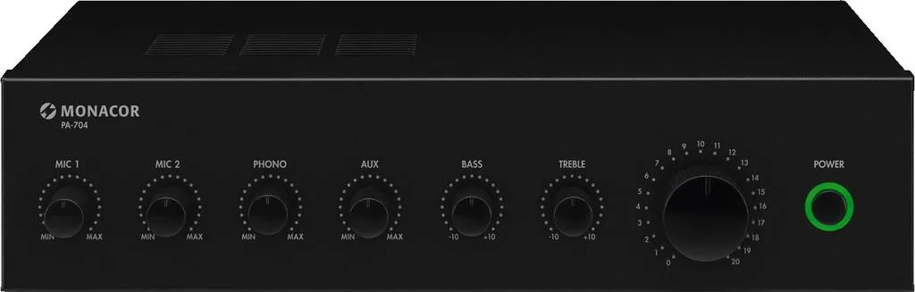 Ampli Mixeur Monacor PA-704 : Solution Audio pour Annonces Claires 100V