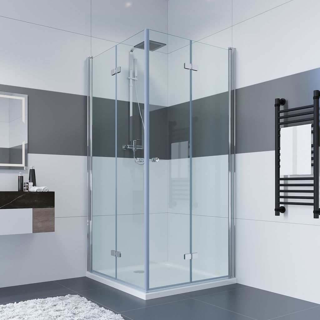 IMPTS Duschkabine Eckeinstieg 90x120 cm 180o Doppel Falttür Falttürkabine 6mm ESG-Glas 185cm,Mit Duschwanne