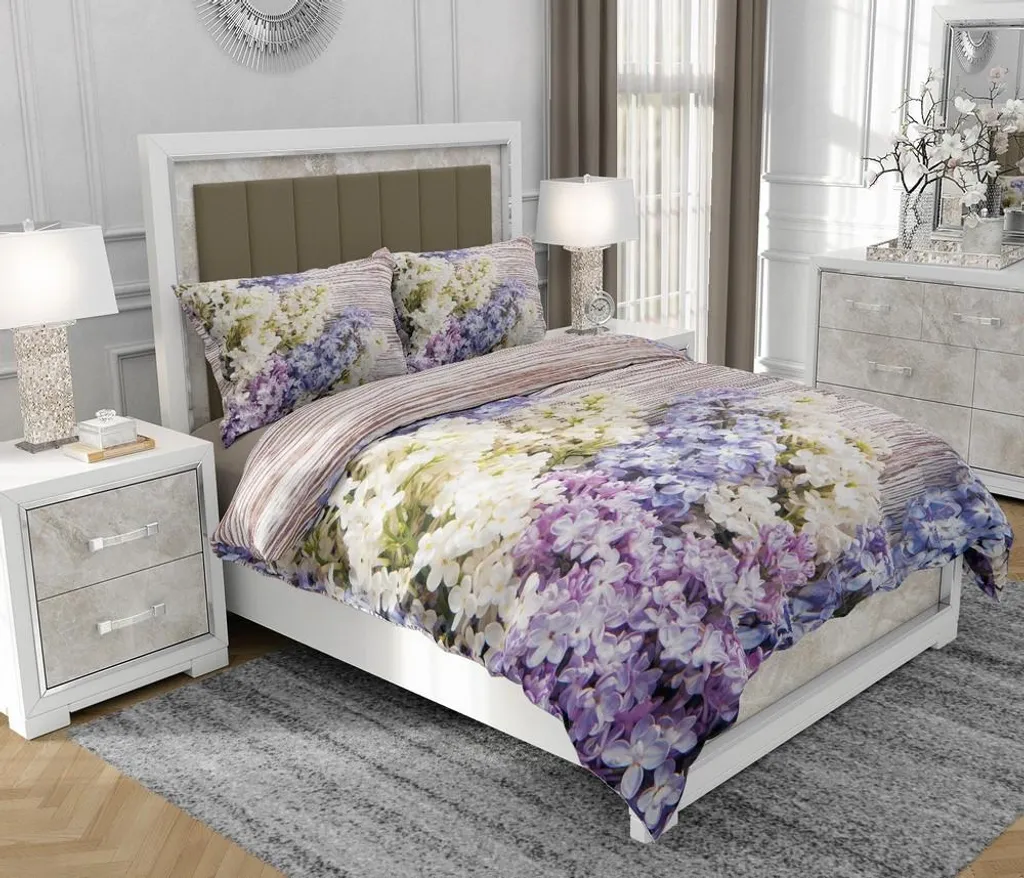 Set Letto 3 Pezzi 140x200 Cotone SOVIO | Chiusura Zip Fiori Viola