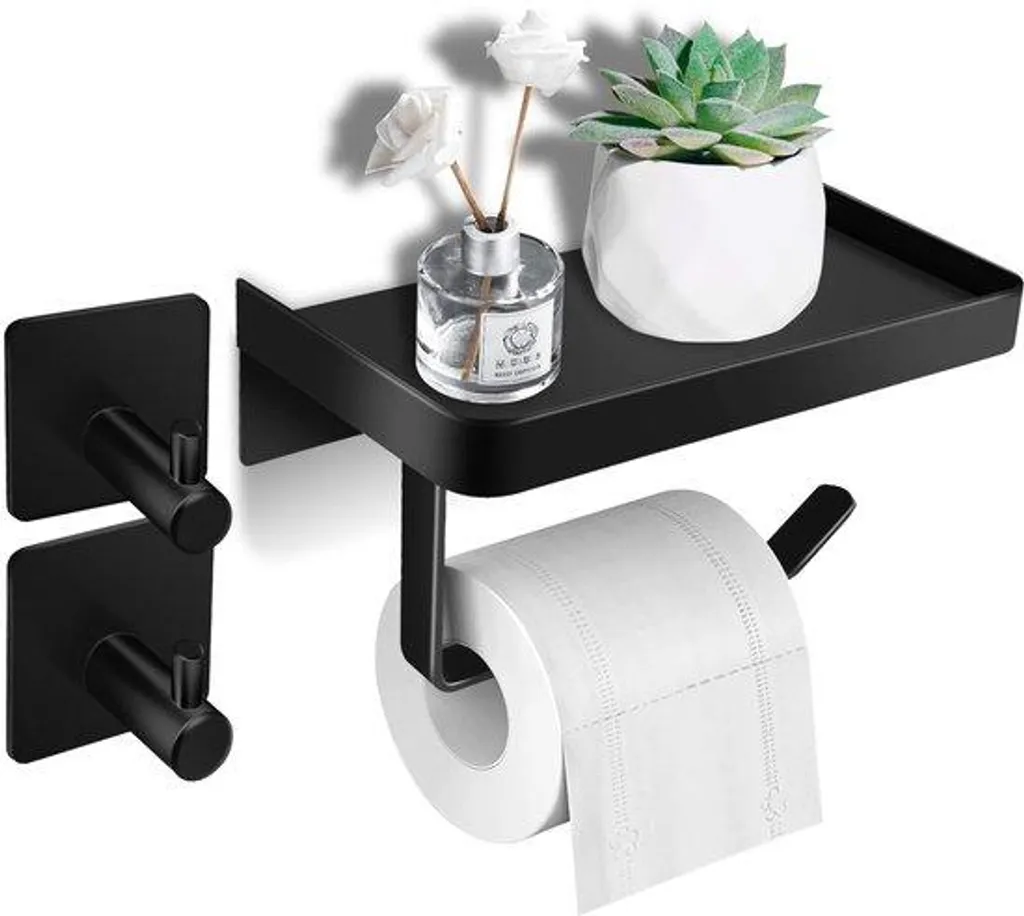 Support papier toilette pour smartphone noir et bois avec crochets muraux