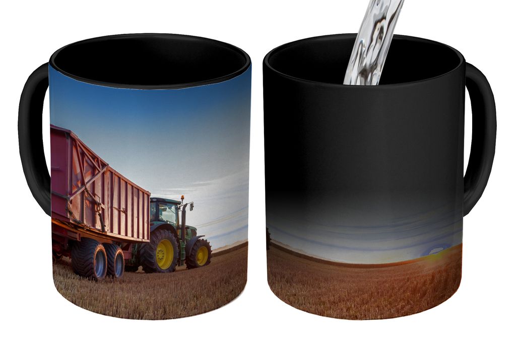 KitchenYeah Zauber Tasse Zaubertasse Magic Traktor - Grün - Sonnenuntergang - Horizont - Grün - Landleben 350 ml Farbwechsel Becher Geschenk Ge...