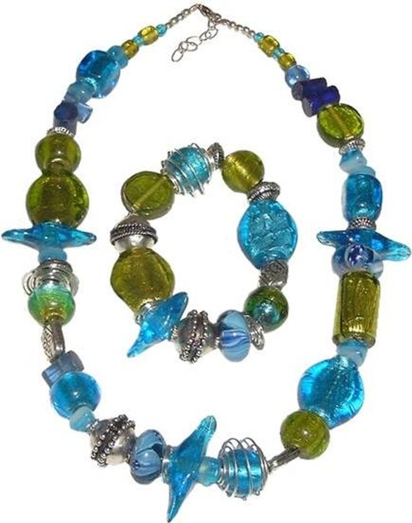 Armband aus echten Glasperlen blau und grün, Armkette