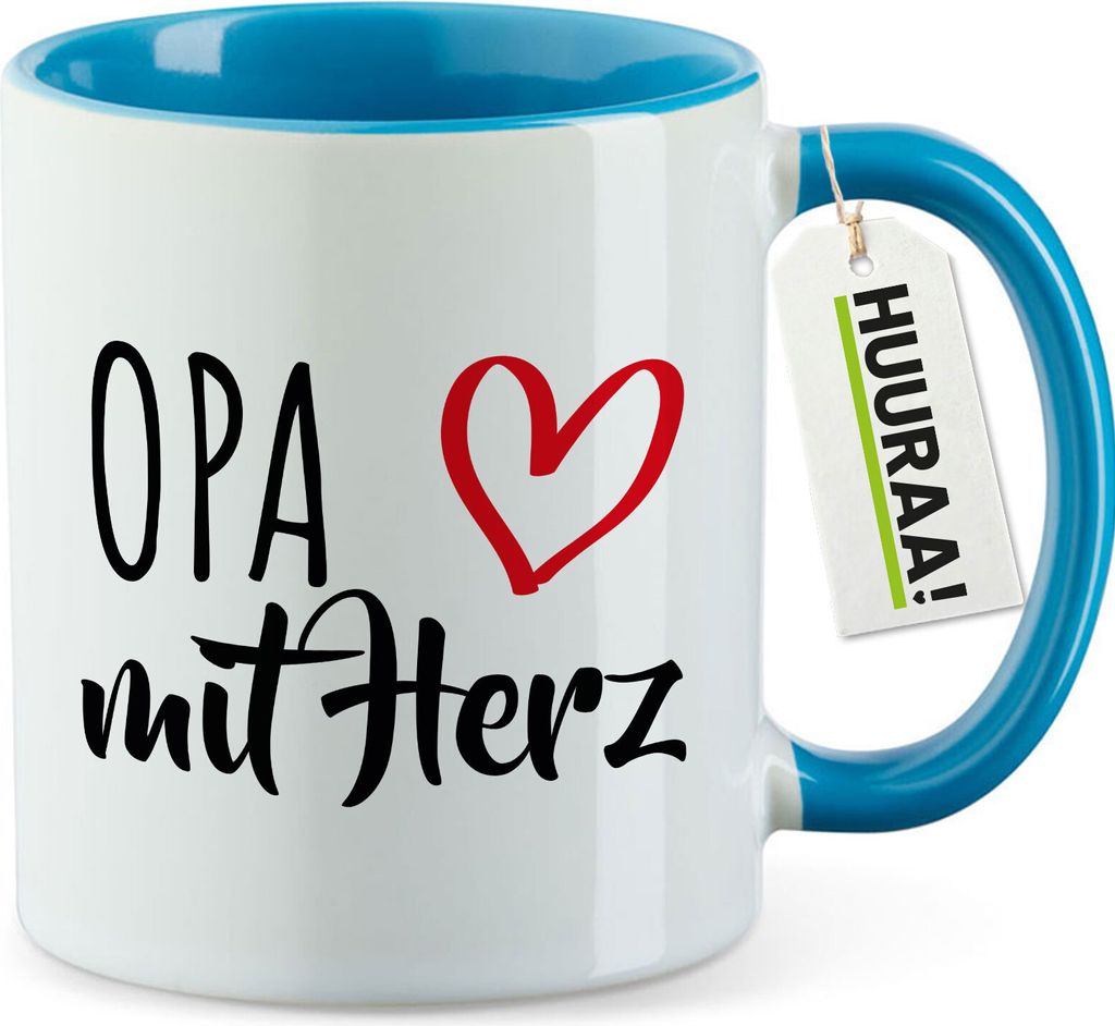 Huuraa Kaffeetasse Opa mit Herz 330ml Blau Keramik Kaffeebecher Geschenkidee