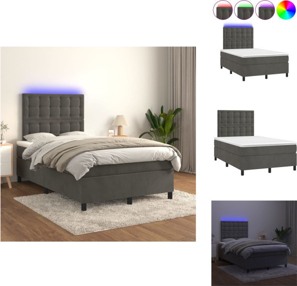 vidaXL Boxspringbett mit Matratze & LED Dunkelgrau 120x200 cm Samt - Betten & Bettgestelle