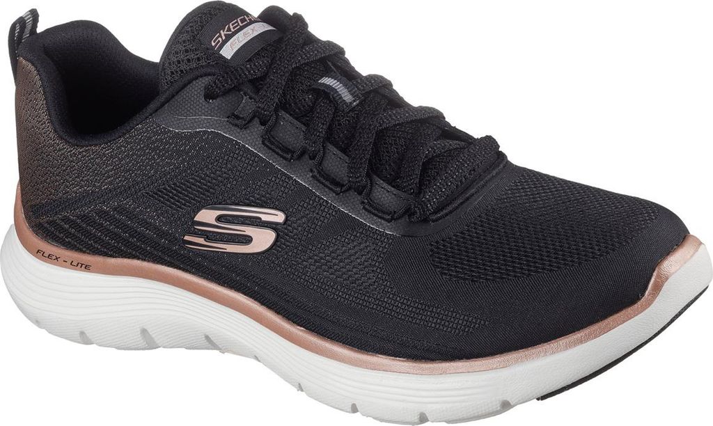 A single black Skechers shoe with rose gold accents is shown against a white background.