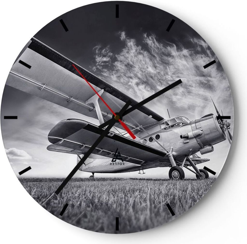 Wanduhr - Rund - Glasuhr - Flugzeug An-2 Schwarzweiß - 30x30cm - Schleichendes Uhrwerk - Lautlos - zum Aufhängen bereit - Dekoration Modern - Wan...