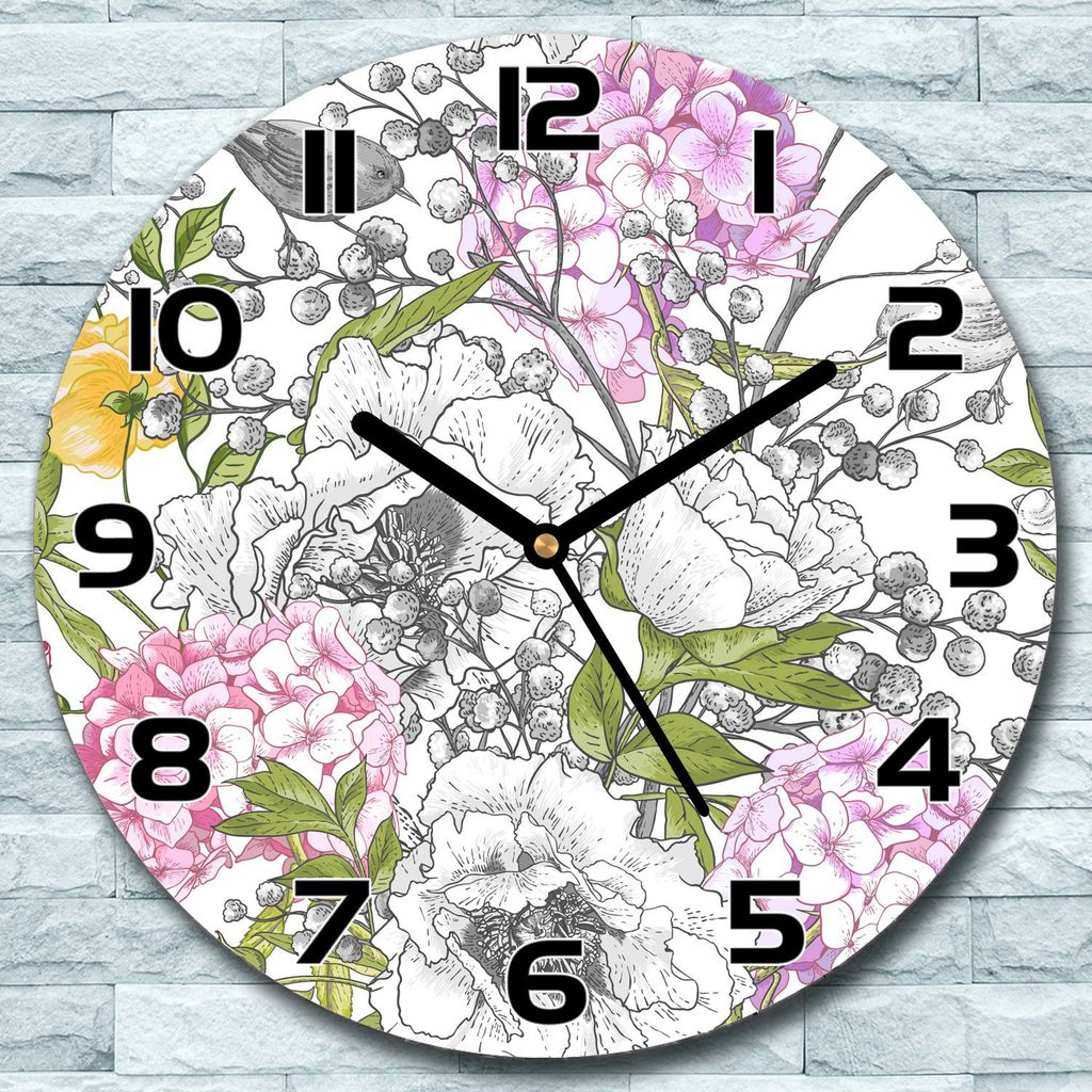 Wanduhr aus Glas Rund fi 30 Vögel und Blumen Quarz Deko Wohnzimmer Büro