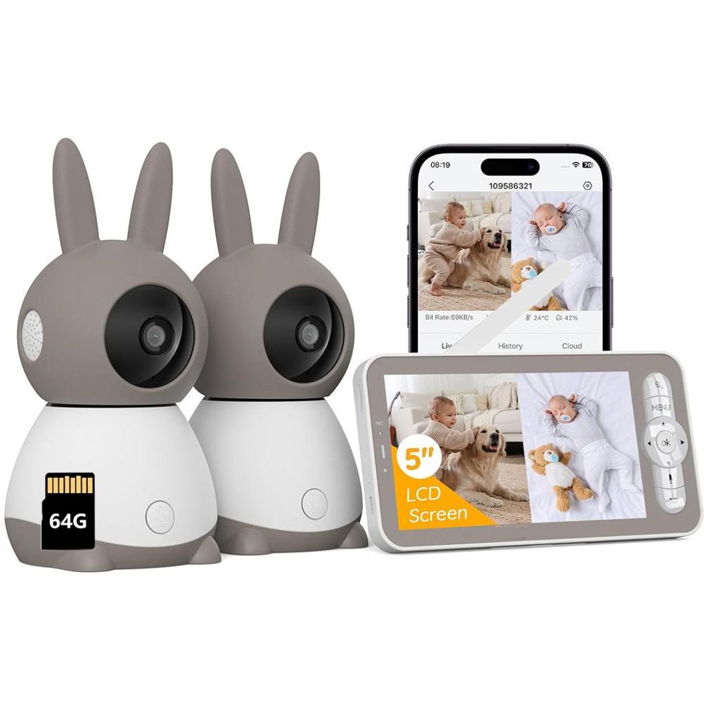Babyphone mit 2 Kameras und APP 2K/5,0 Zoll WLAN Babyfon mit Split-Screen PTZ 360° 4× Zoom IR-Nachtsicht Automatische Verfolgung mit 64G Karte