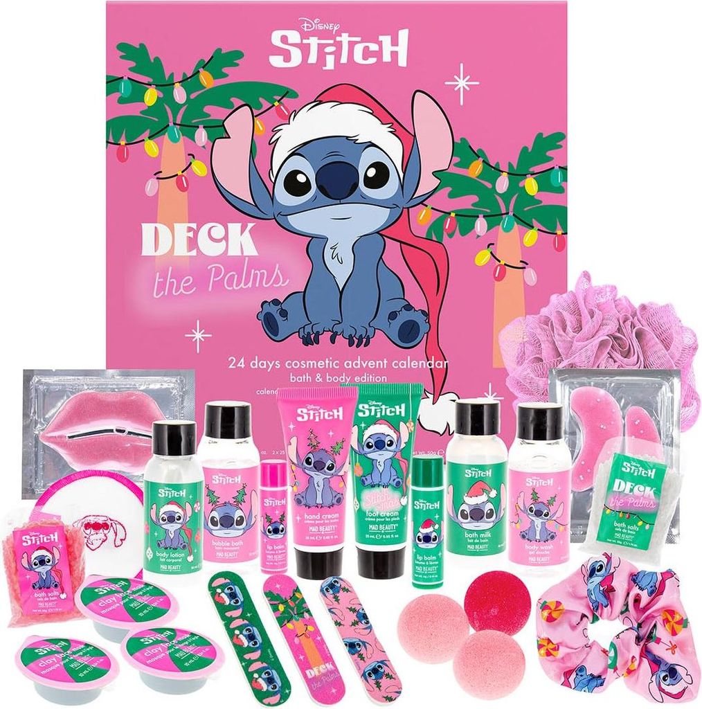 A Disney Stitch themed advent calendar with various bath and body products.