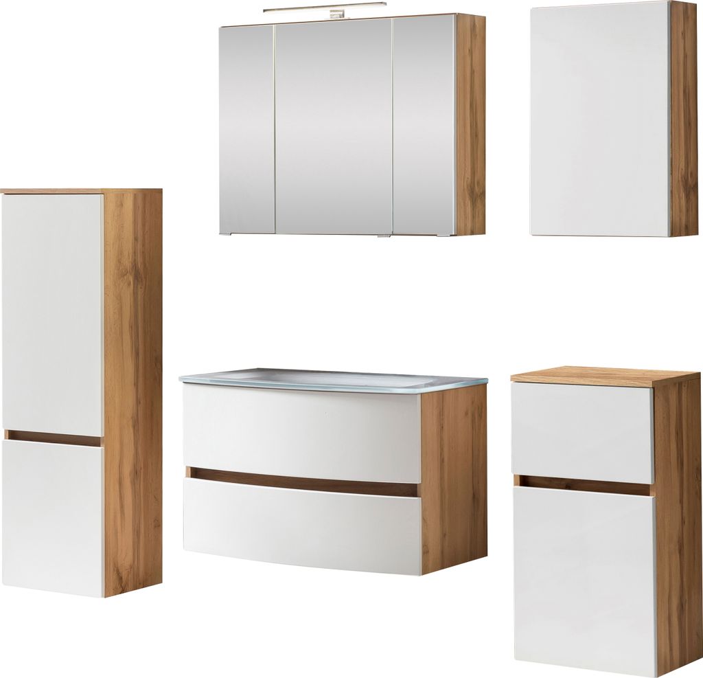 Waschtisch-Set Badezimmer Bad-Set "Kopenhagen XI" Wotaneiche, Matt Weiß