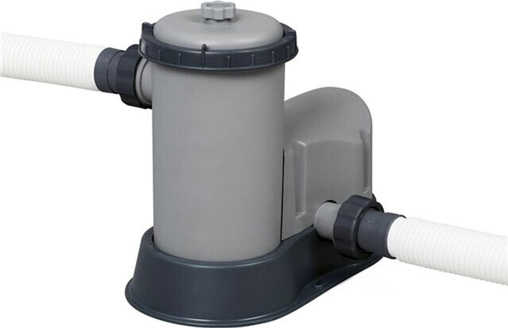 A gray and dark gray pool filter pump with white hoses attached.
