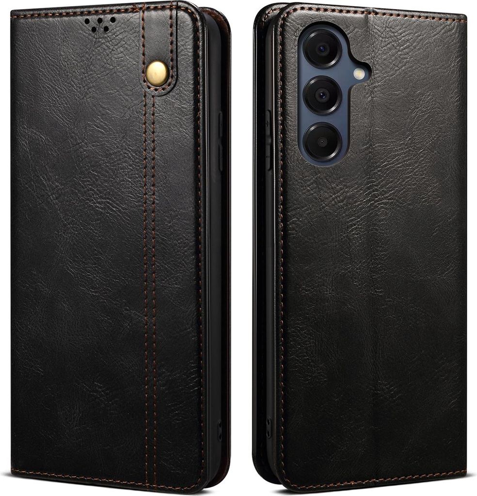 A black leather flip case for a smartphone is shown from two angles: closed and open.