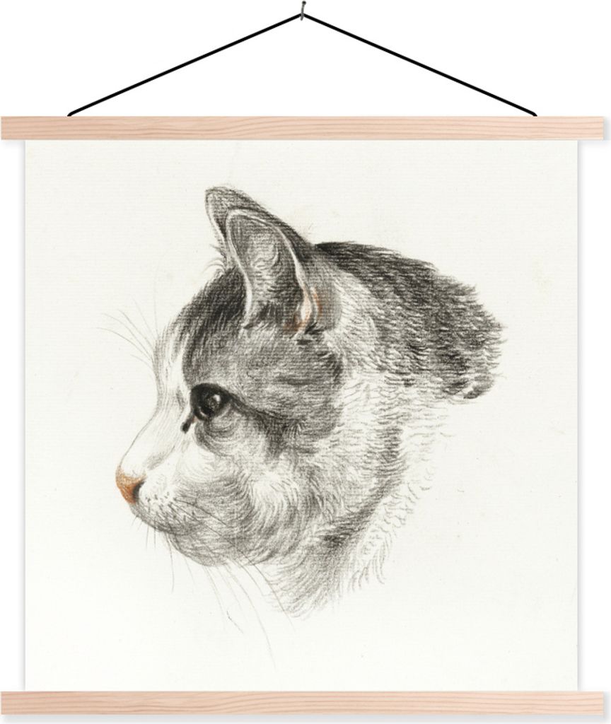 MuchoWow Textilposter Kopf einer Katze, nach links - Gemälde von Jean Bernard 120x120 cm mit holzfarbenen Rahmen - Textil-Poster