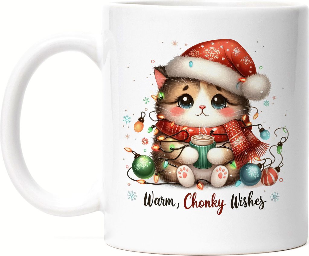 Warm Chonky Wishes Lustiges Katzenmotiv Tasse Weiß Geschenkidee witziges Design Weihnachten